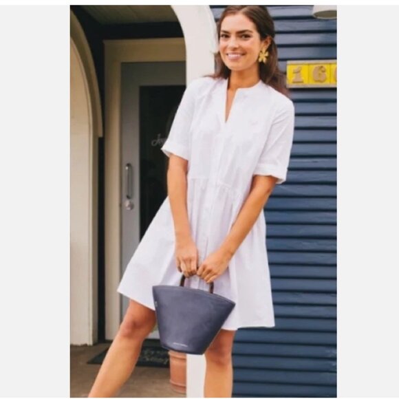 Tuckernuck Royal Shirt Dress White Collarless Preppy Short Classic Size Large - Picture 1 of 8